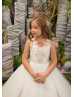 Gold Lace Ivory Tulle Buttons Back Floor Length Flower Girl Dress